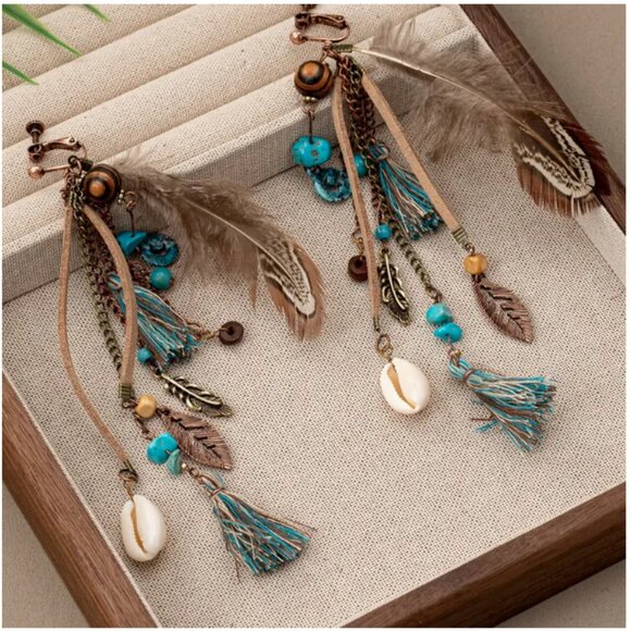 Jewelry - New Posh Boutique Boho-Chic Vintage-Inspired Ear Clips Turquoise & Bead Accents
